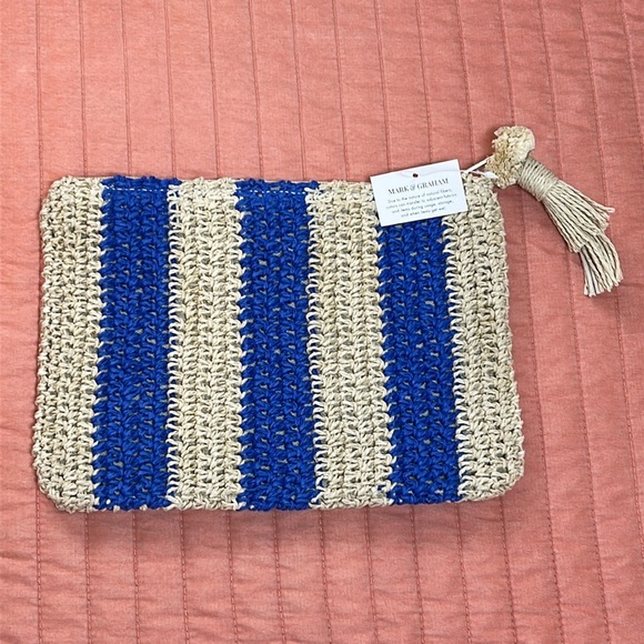 NWT Mark & Graham beige and blue CABANA STRIPE STRAW POUCH CLUTCH - Picture 2 of 9